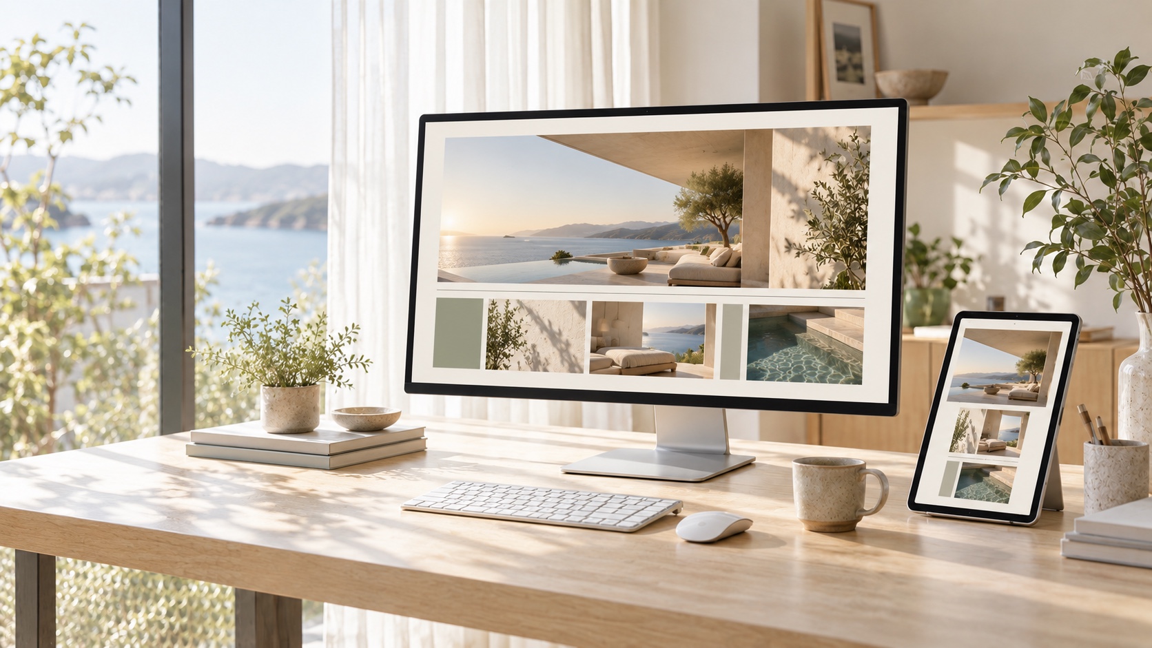人物のいない制作デスクと、建築写真を生かしたWEB画面を映すモニターとタブレット